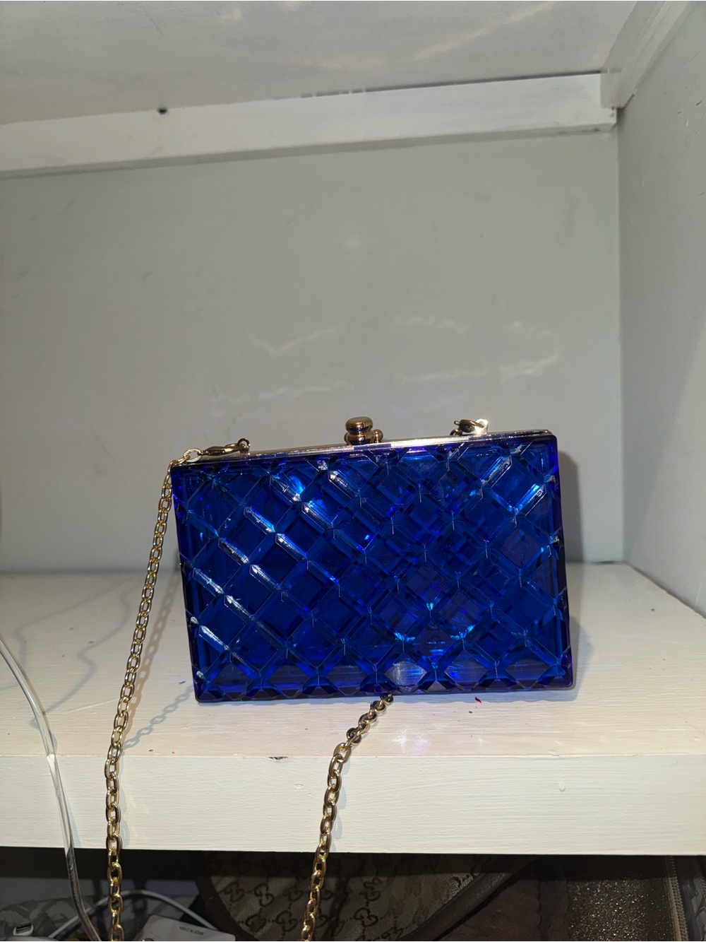 Blue Acrylic Quilted Box Clutch with Gold Chain